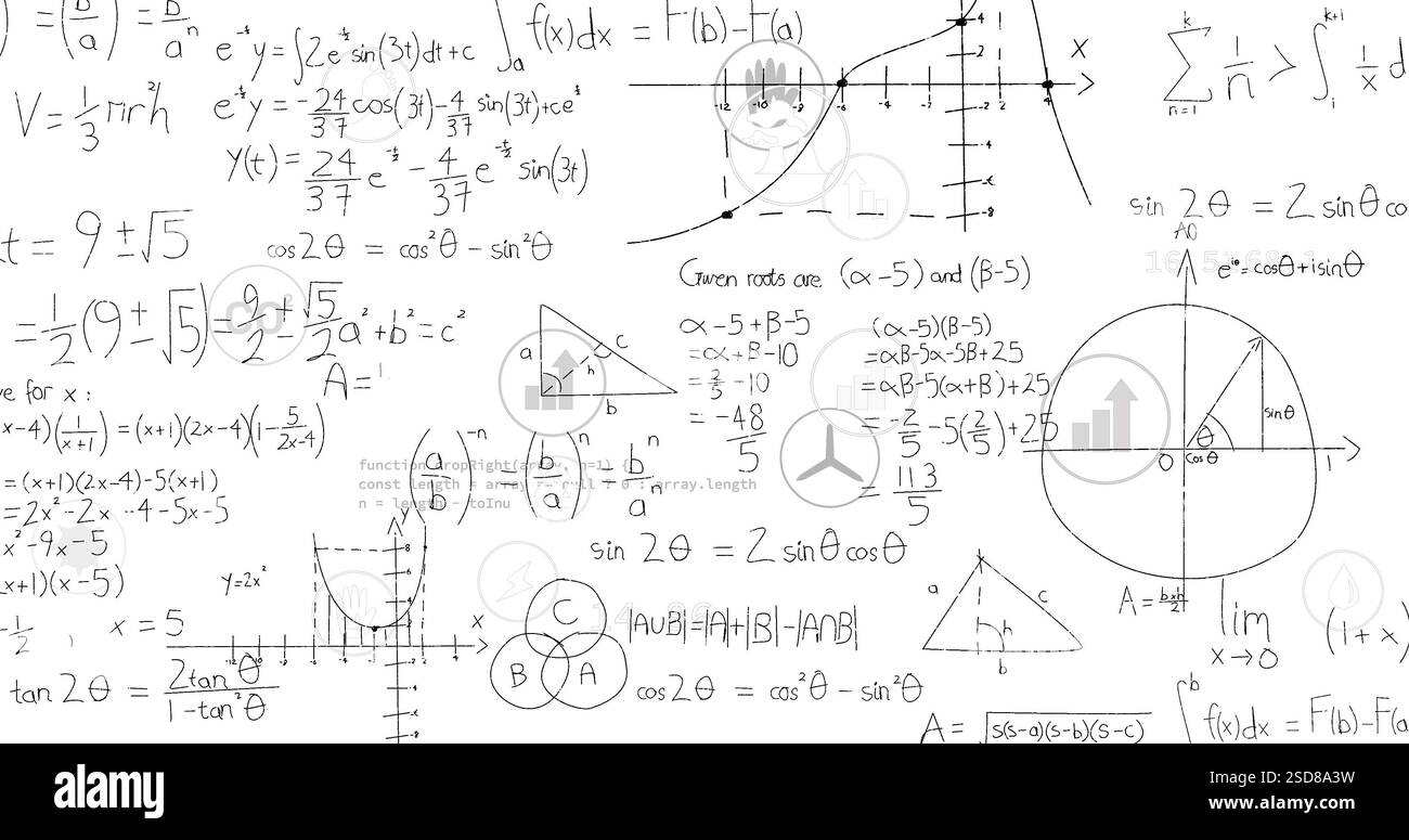 Bild der mathematischen Datenverarbeitung über weißem Hintergrund Stockfoto