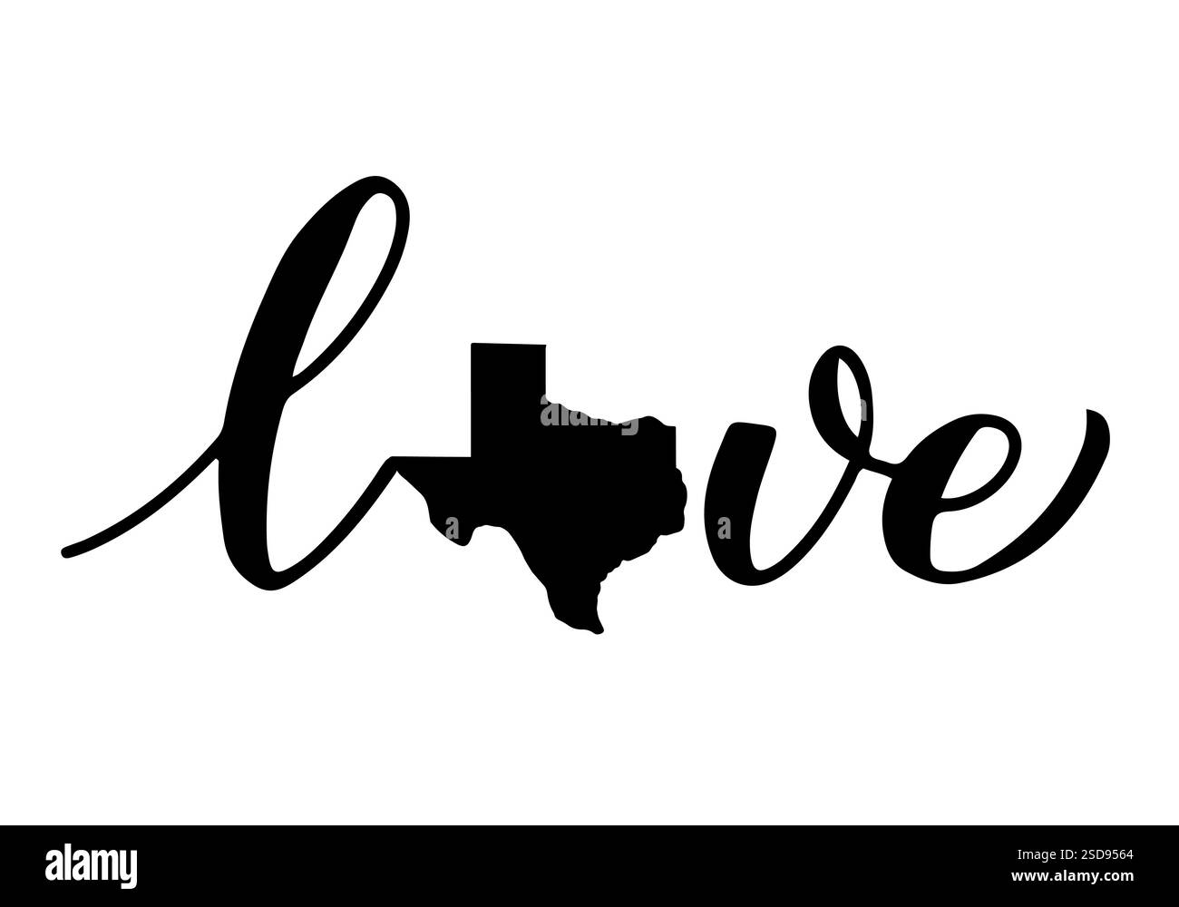 Liebe texanische Kalligraphie-Schriftzüge mit Karte. Das patriotische Zeichen der USA. Vektorvorlage für Typografie Poster, Banner, Flyer, Grußkarte usw. Stock Vektor