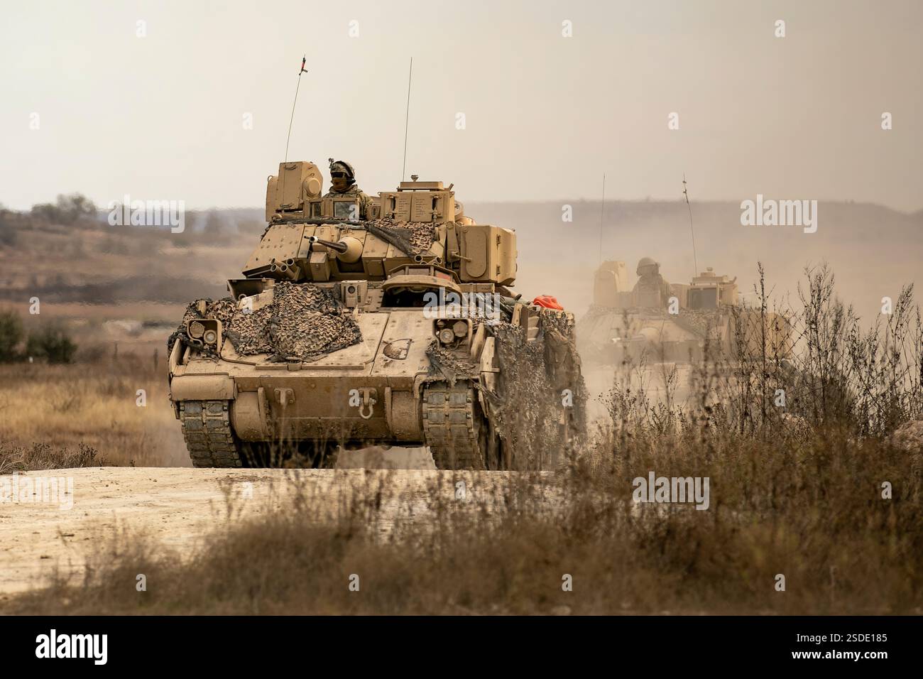Soldaten der US-Armee, die dem 1. Bataillon, 12. Kavallerieregiment, 3. Panzerbrigade Combat Team, 1. Kavalleriedivision zugewiesen sind, führen am 14. Januar 2025 eine Trainingsübung mit M3A2 Kavalleriewagen durch, während einer Live-Feuerübung in der Jack Mountain Range in Fort Cavazos, Texas. Die CALFEX umfasst indirekte Brände, Luftfeuer und nachhaltige Ressourcen, um realistische Kampfübungen zu simulieren, um die Todesfähigkeit einer Einheit und ihre Einsatzbereitschaft zu bestätigen. (Foto der US-Armee von SPC. Josefina Garcia) Stockfoto