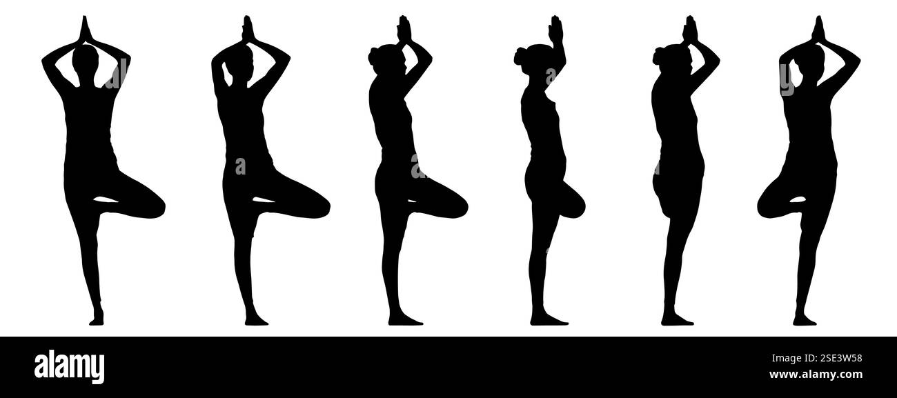 Vektorkonzept konzeptuelle schwarze Silhouette einer Frau, die eine Yoga-Pose aus verschiedenen Perspektiven auf weißem Hintergrund macht. Stock Vektor