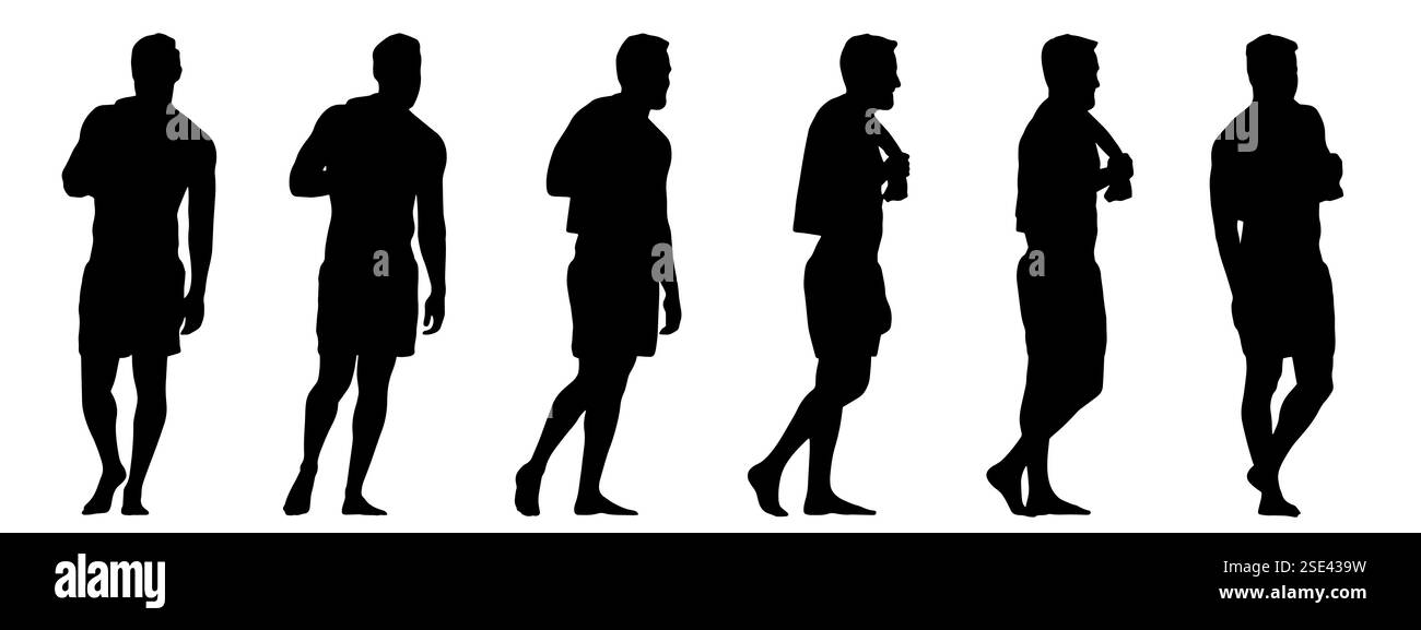 Vektorkonzept konzeptuelle schwarze Silhouette eines Mannes in Shorts mit einem Handtuch, das aus verschiedenen Perspektiven auf weißem Hintergrund steht. Stock Vektor