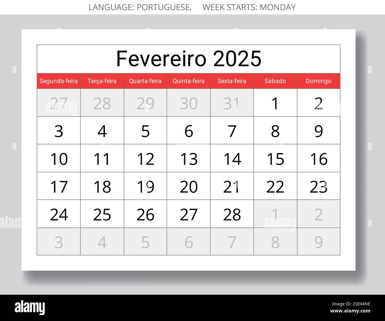 PORTUGIESISCHER Monatskalender für 2025 Jahr - Fevereiro. Vektorpapierseite Illustration für Portugal Stock Vektor