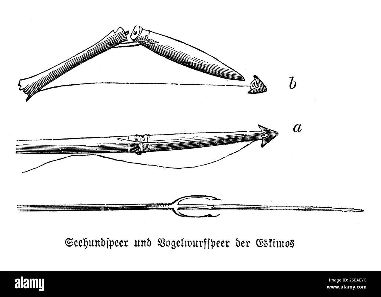 Inuit Harpunen und Speere, um Robben und Speer nach Vögeln zu jagen Stockfoto