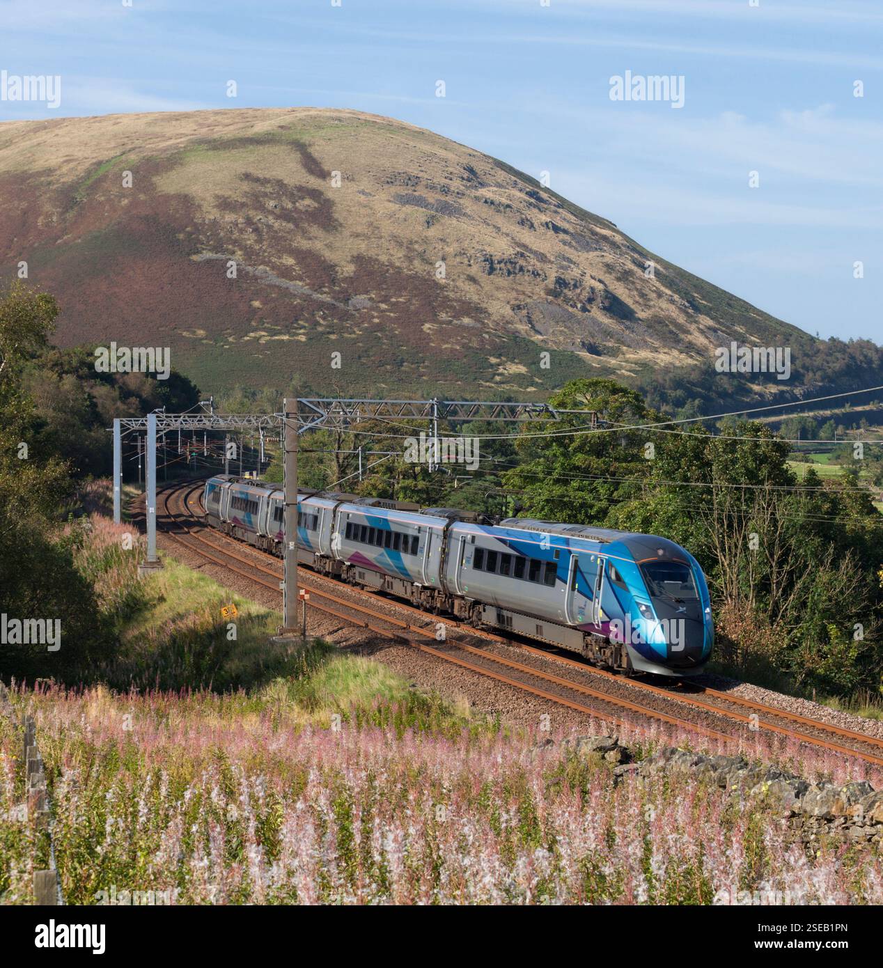 TransPennine Express-Zug der Baureihe 802 Hitachi AT300 im BI-Modus, der durch die Landschaft in Cumbria auf der Hauptstrecke der Westküste fährt Stockfoto