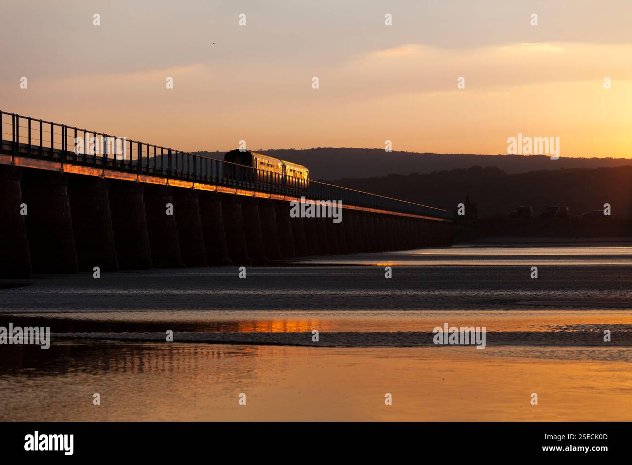 Der Supersprinterzug der Nordbahn der Klasse 156 überquert den Arnside Viadukt auf der landschaftlich reizvollen Cumbrian Coast Railway, die in der untergehenden Sonne glitzert Stockfoto