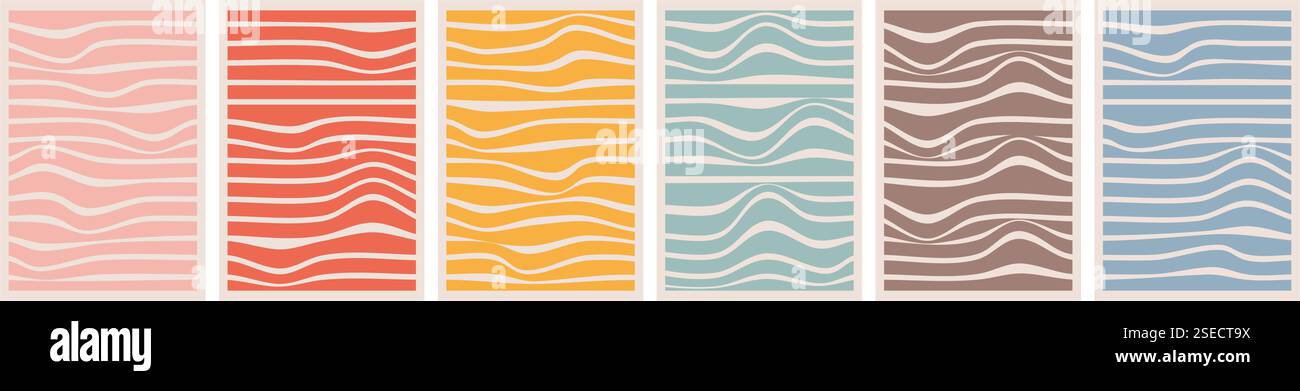 Grooviger Hippie Wave Stripe Hintergrund. Retro-verzerrte ungleichmäßige Streifen. Waves Trippy Hand gezeichnete Vorlagen Kollektion. Isolierte trendige gedrehte Streifen-AE Stock Vektor