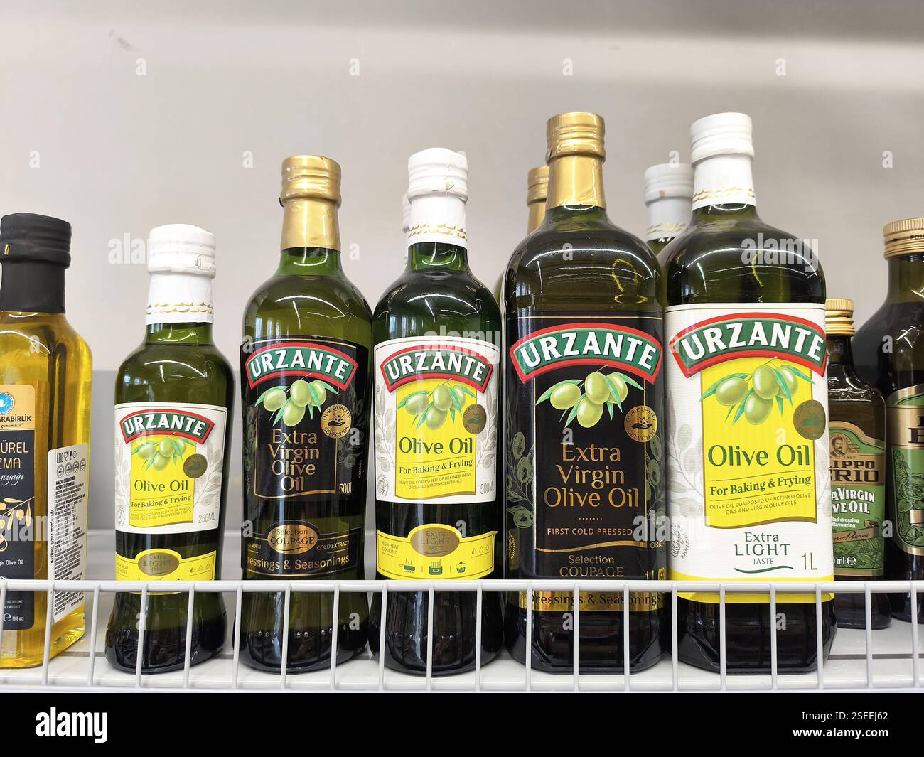 Verschiedene natives Olivenöl extra in Flaschen im Regal. Stockfoto