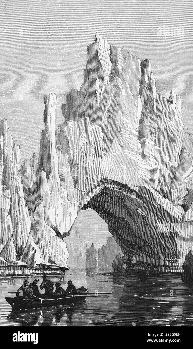 Gletschertor im Eisberg des Grönländischen Meeres, nördlicher Arktischer Ozean, Ruderboot mit Besuchern, Polarregion, Gefahr, Klimawandel, Reisen, Stockfoto