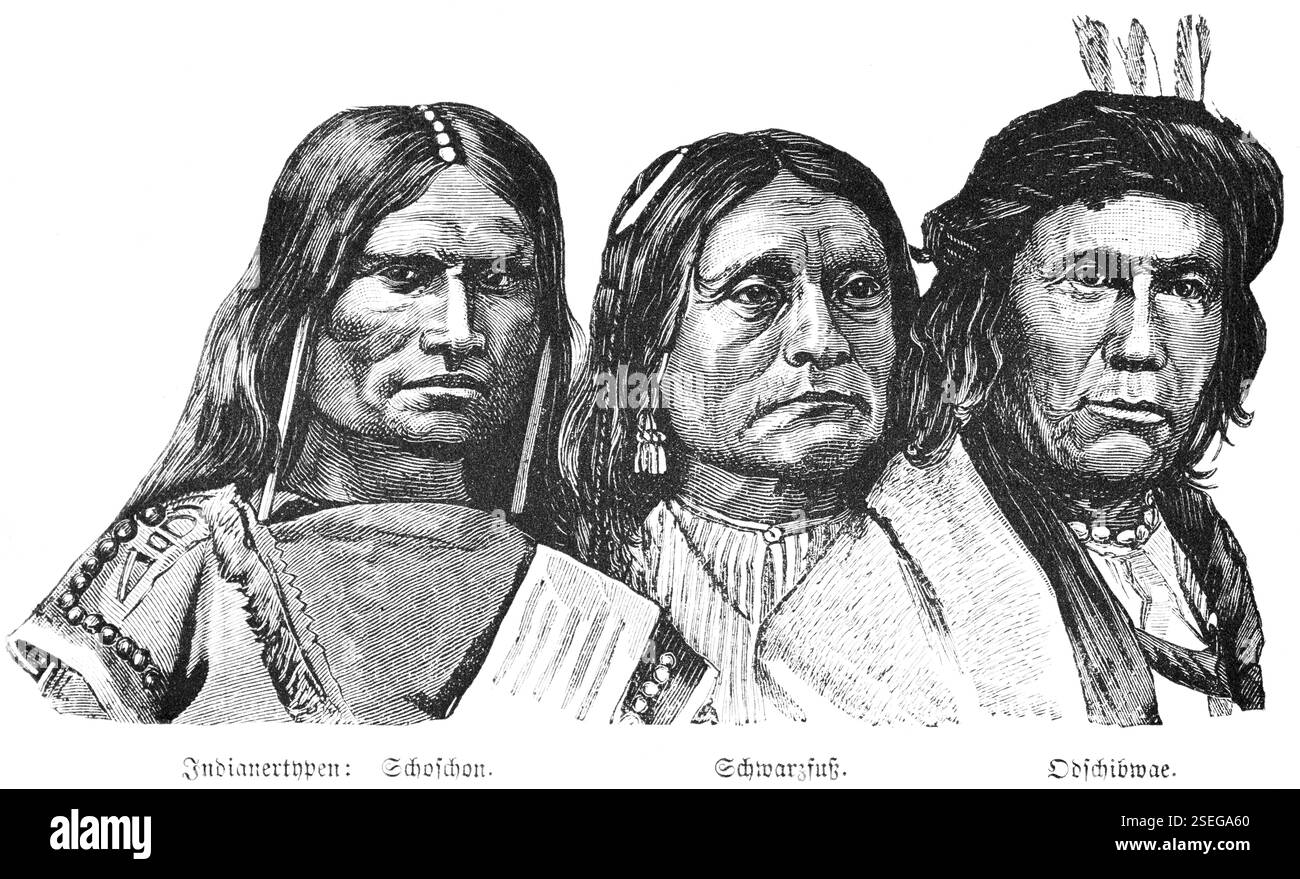 Porträt verschiedener indigener ethnischer Gruppen, Shoshone oder Shoshone, Blackfoot-Indianer, Ojibwe- oder Anishinabe-Indianer, Männer, Reisen, USA, historisch Stockfoto