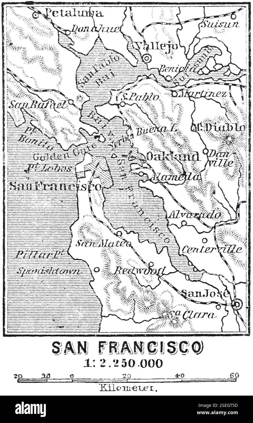 Karte von San Francisco und Umgebung mit Skala, Pazifik oder Pazifik, San Pablo Bay, Oakland, Reisen, USA, historische Abbildung 18888, Nein Stockfoto