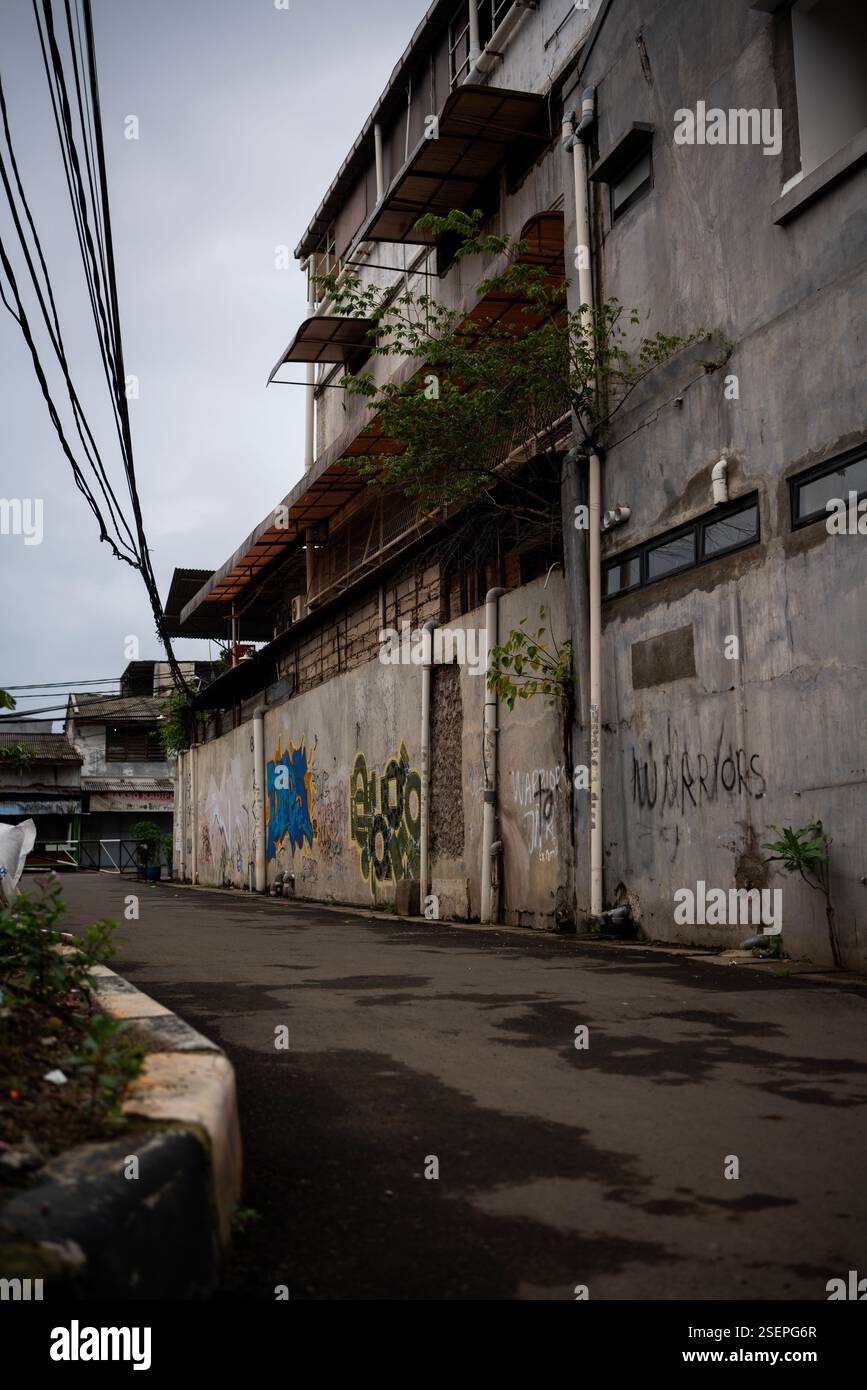 Gebäude am Straßenrand mit alten Mauern, die mit Graffiti bedeckt sind Stockfoto