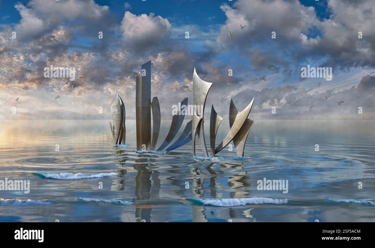 Foto der Gedenkskulptur Les Braves D-Day Landings am Strand von Omaha in der Normandie, von dem französischen Künstler Anilore Banon zum 80. Jahrestag Stockfoto