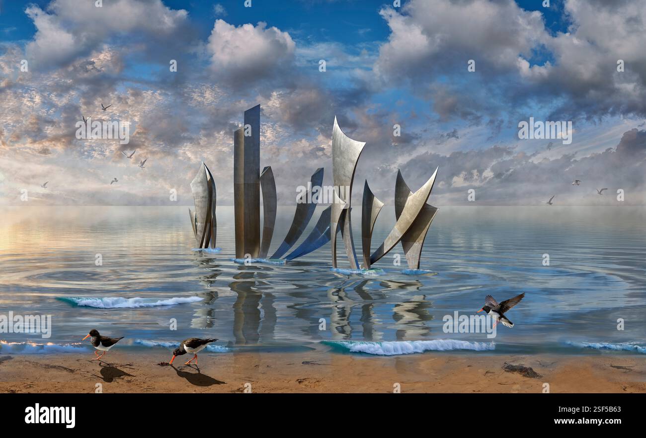 Foto der Gedenkskulptur Les Braves D-Day Landings am Strand von Omaha in der Normandie, von dem französischen Künstler Anilore Banon zum 80. Jahrestag Stockfoto