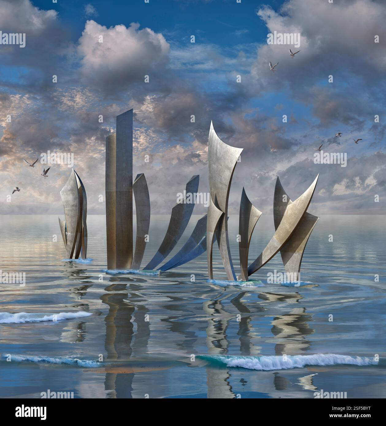 Foto der Gedenkskulptur Les Braves D-Day Landings am Strand von Omaha in der Normandie, von dem französischen Künstler Anilore Banon zum 80. Jahrestag Stockfoto