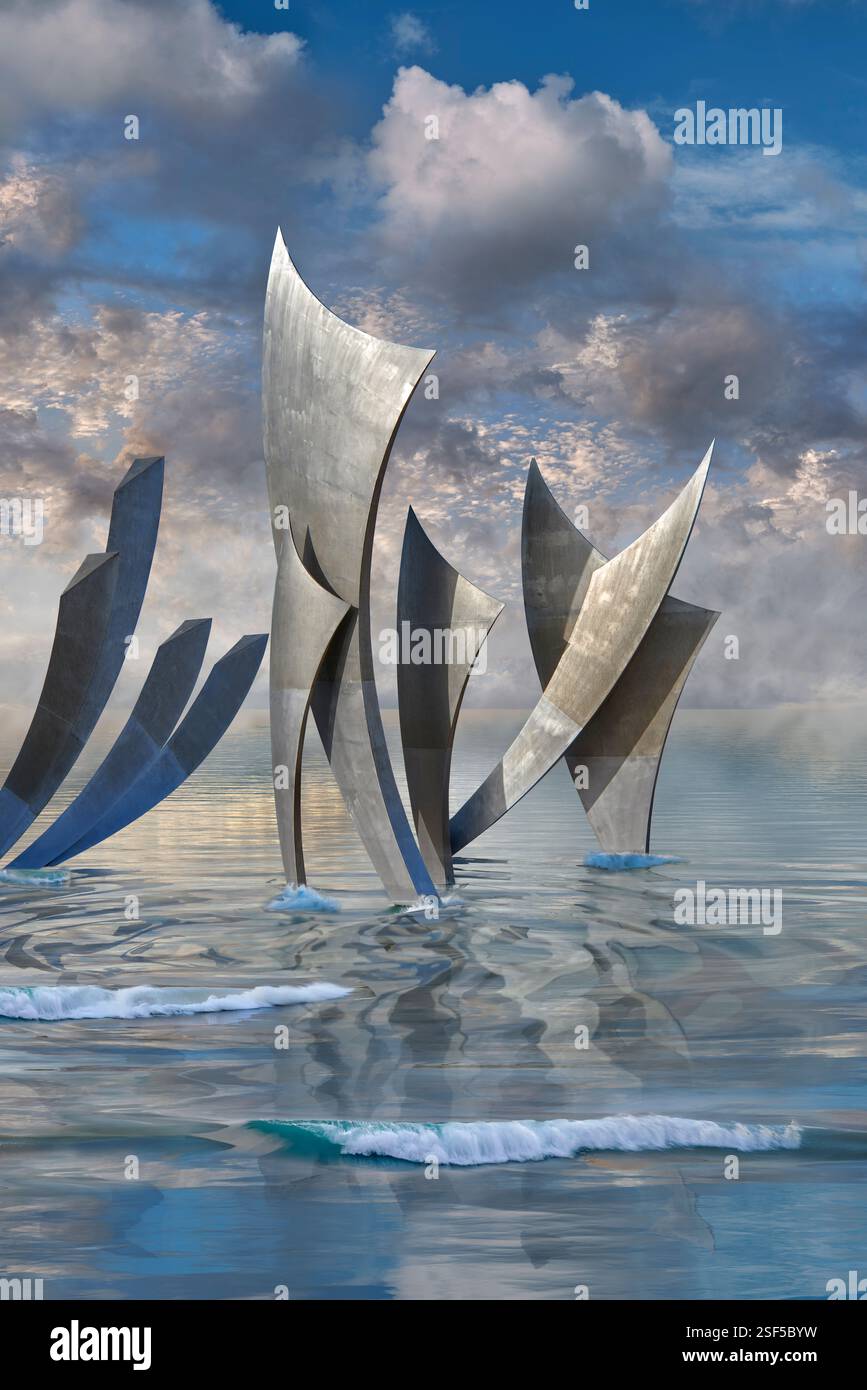 Foto der Gedenkskulptur Les Braves D-Day Landings am Strand von Omaha in der Normandie, von dem französischen Künstler Anilore Banon zum 80. Jahrestag Stockfoto