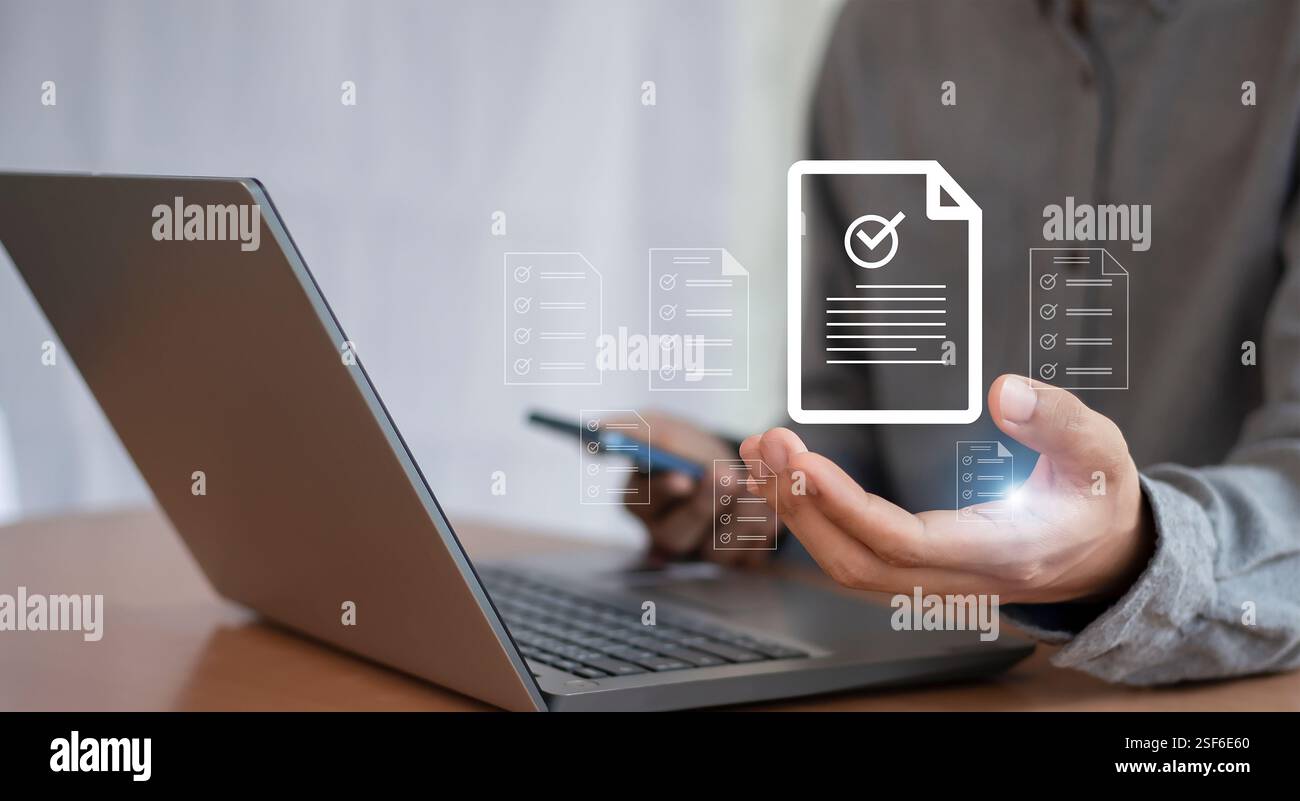 Konzepte und Checklisten für die Verwaltung von Geschäftsdokumenten Datencheckliste, Geschäftsentwicklung Stockfoto