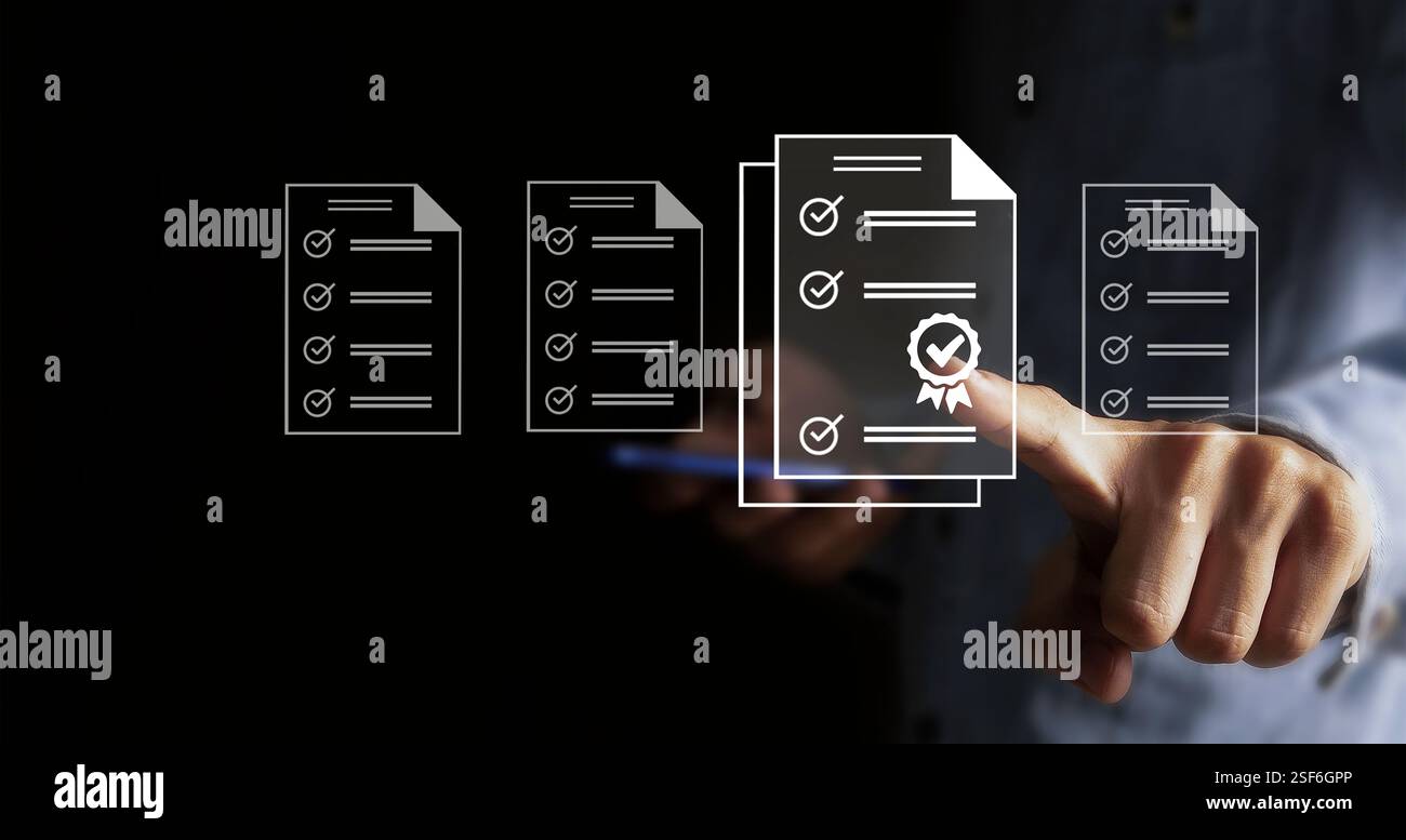 Konzepte und Checklisten für die Verwaltung von Geschäftsdokumenten Datencheckliste, Geschäftsentwicklung Stockfoto