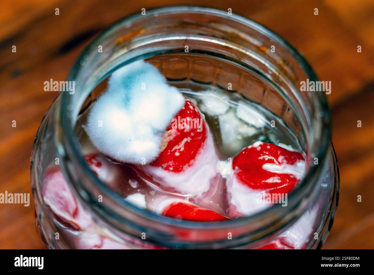 Bedeckt mit Schimmelgemüse im Glas, Studio-Nahaufnahme Stockfoto