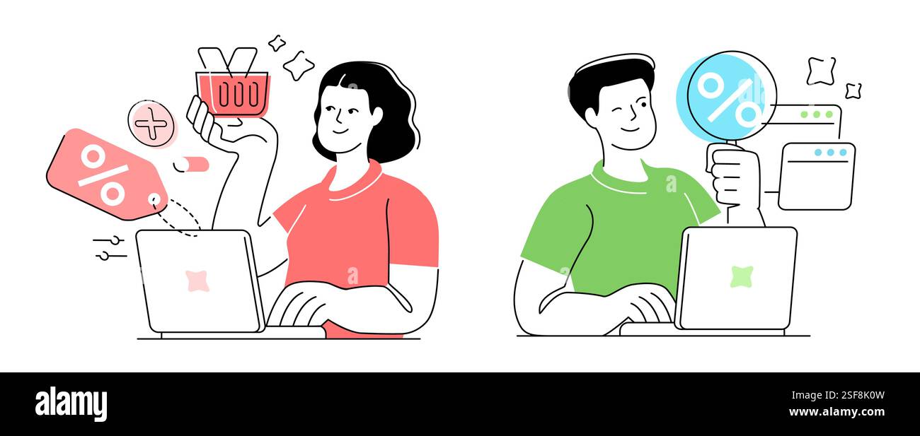 Online-Shopping-Konzept. Internet-Einzelhandel, Verkauf, digitales Marketing. Vektorabbildung Stock Vektor