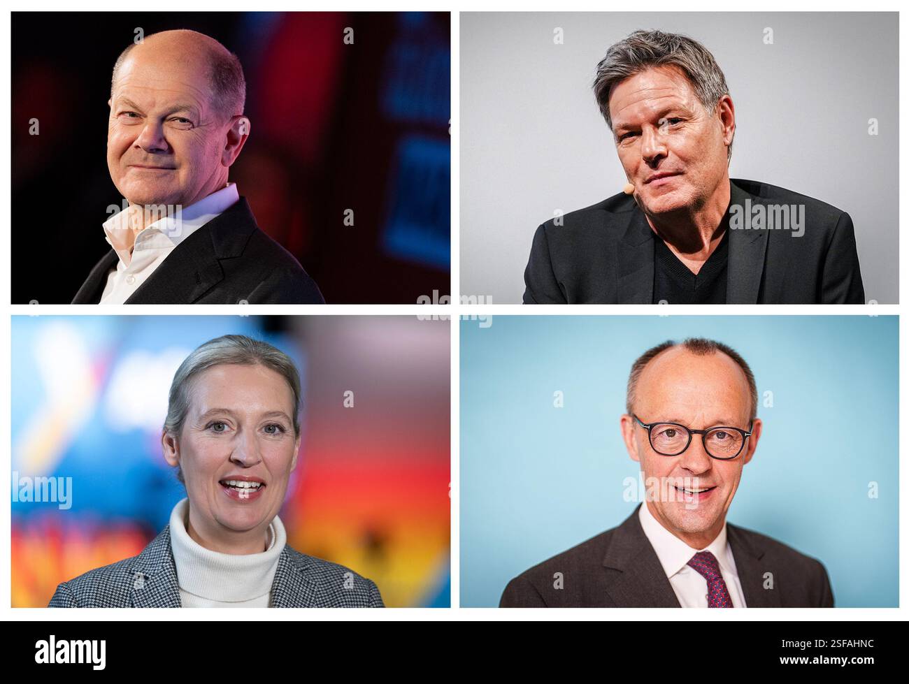 EINGEREICHT am 9. Februar 2025, Berlin: KOMBO - Bundeskanzler Olaf Scholz (SPD, Archivfoto vom 04.02.2025, TOP, l), Robert Habeck (Bündnis 90/die Grünen, Archivfoto vom 15.01.2025, TOP 2024, r), Bundesminister für Wirtschaft und Klimaschutz und Kandidat für Bundeskanzlerin der Grünen, Alice Weidel (Archivfoto vom 12.01.2025), AfD-Bundeskanzlerkandidat und CDU-Bundestagsvorsitzender. Foto: dpa Stockfoto