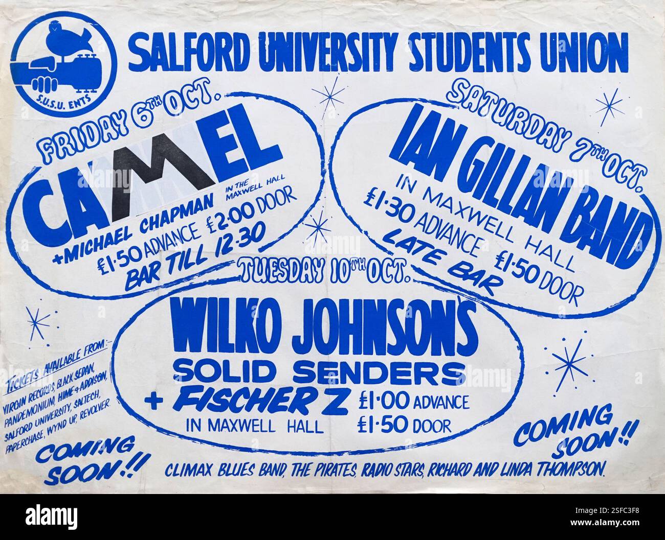 Salford University Students Union, das Poster für Bands in Kürze. 1978. Bands Previewt: Camel und Michael Chapman 6. Oktober. Ian Gillan Band 7. Oktober. Wilko Johnson's Solid Senders und FisherZ 10. Oktober. Alles in der Maxwell Hall. A0-Poster mit Siebdruck. Stockfoto