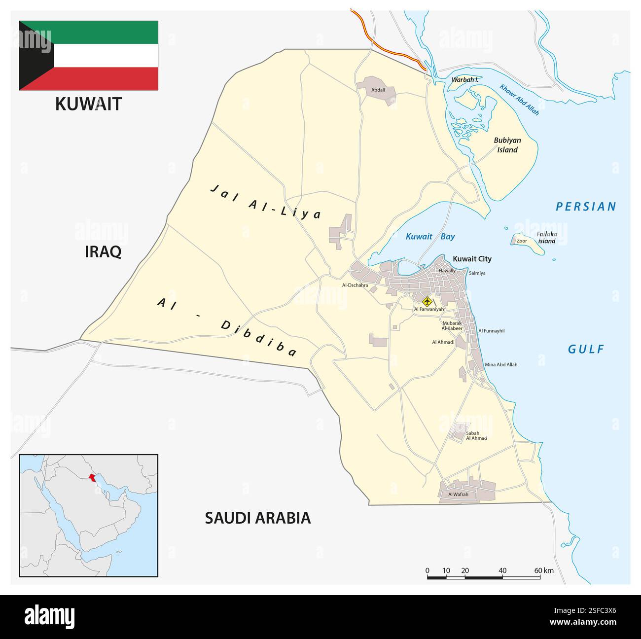 Detaillierte Vektor-Straßenkarte des Bundesstaates Kuwait Stockfoto