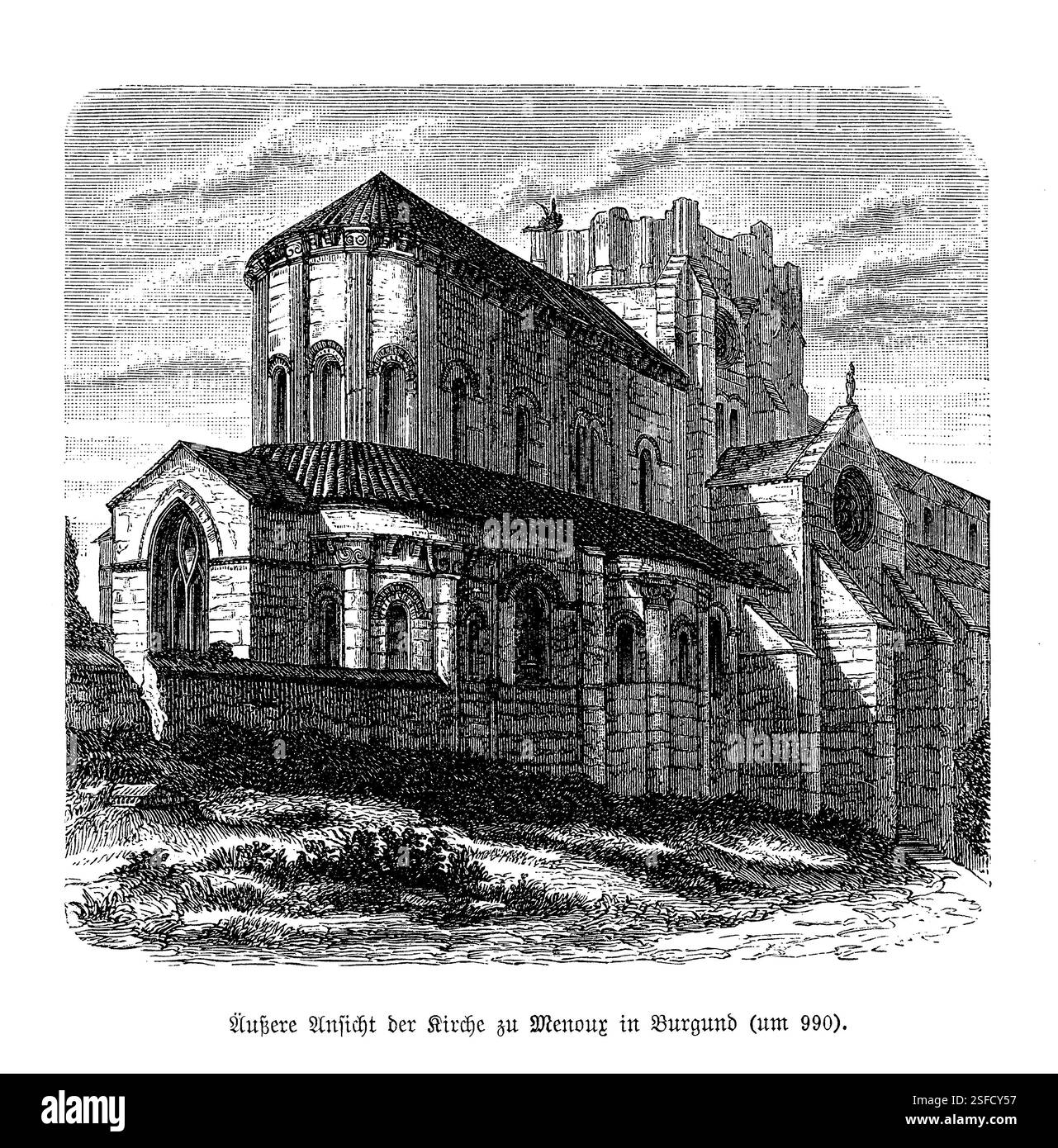 Mittelalterliche romanische Architektur: Kirche Saint-Menoux 10. Jahrhundert, Auvergne, Frankreich Stockfoto