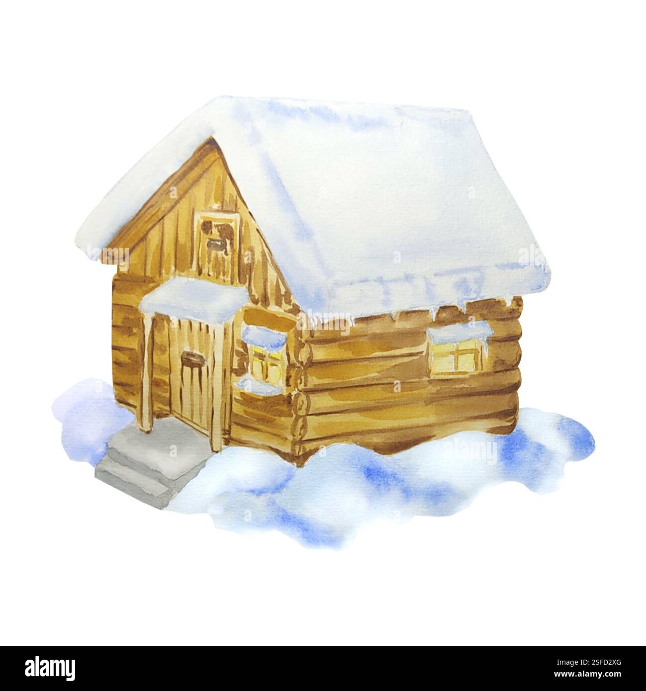 Haus Land Winter Illustration in Aquarell. Handgezeichnet als Querformat für die Erstellung von Mustern, das Bedrucken von Innenräumen und Geschirr. W Stockfoto