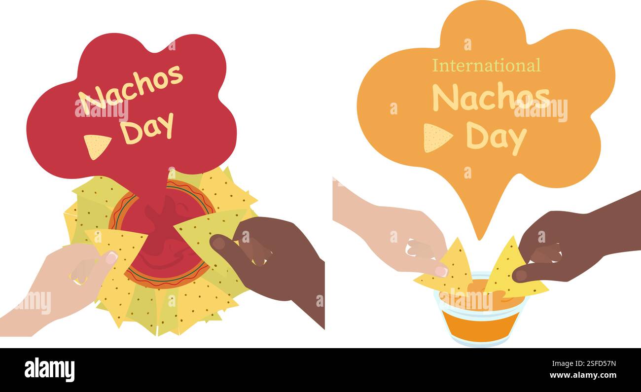 Weibliche und männliche Hände tauchen Nacho in Käsesauce oder Salsa Sauce Soße Boot. Nacho Day Design-Ideenset. Isolierte Vektorillustration Thematische Karten oder Grußkarten, Poster, soziale Medien oder Web-Werbebanner Stock Vektor