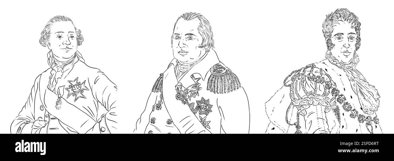 Ludwig 16, Ludwig XVI., Ludwig 18, Ludwig XVIII. Und Karl 10, Karl 10, Porträts der letzten Könige von Frankreich Stockfoto