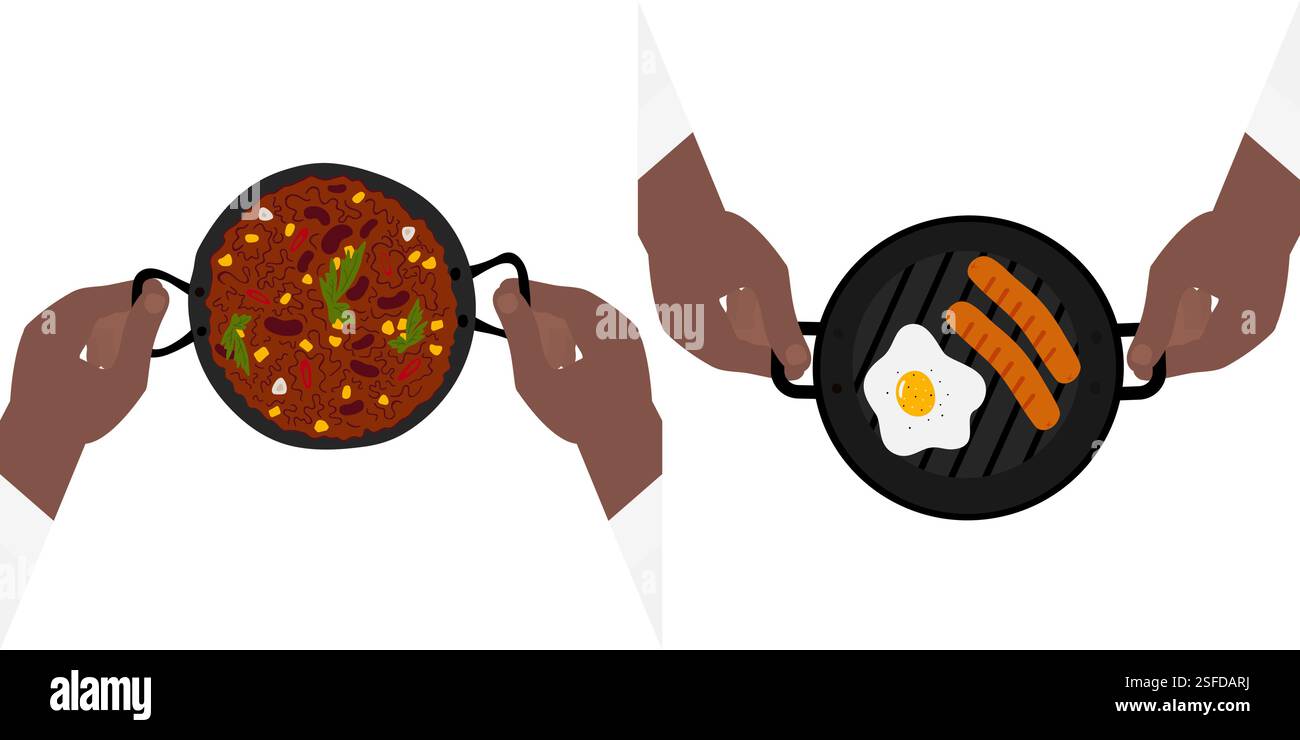 Männliche Hände halten eine gusseiserne Pfanne mit Chili con Carne und gebratenem Ei mit gegrillten Würstchen. Satz 2. Isoliert auf weißen Vektor-Illustration Themenkarten, Poster oder Web, Werbebanner, Broschüren, Etiketten Stock Vektor