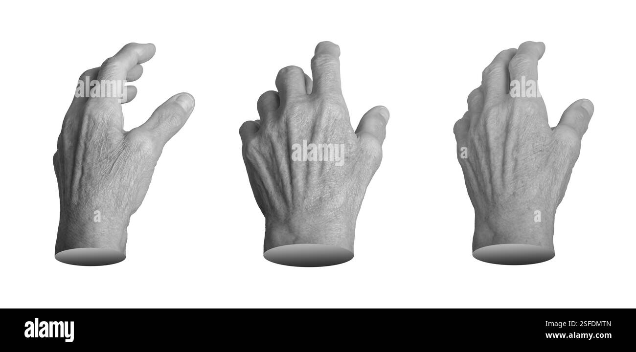 Ältere weibliche Hand mit ausgestreckter faltiger Haut, die Finger strecken mit einer Geste der Berührung, Unterstützung und Verbindung nach außen. Symbol für Hilfe und Kommunikation Stockfoto