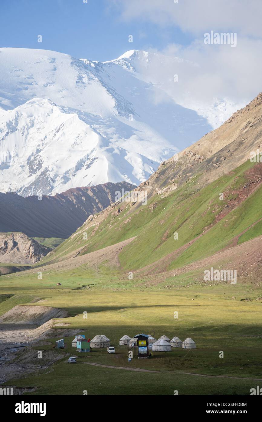 Vertikale Aufnahme eines nomadischen Campingplatzes mit Jurten, massiven verschneiten Pamir-Bergen im Hintergrund, Kirgisistan Stockfoto