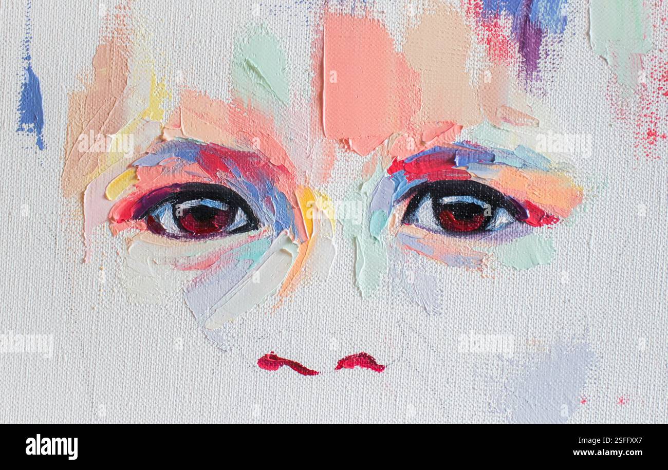 Porträt eines Kindes mit ausdrucksstarken Augen in lebendiger Ölmalerei Stockfoto