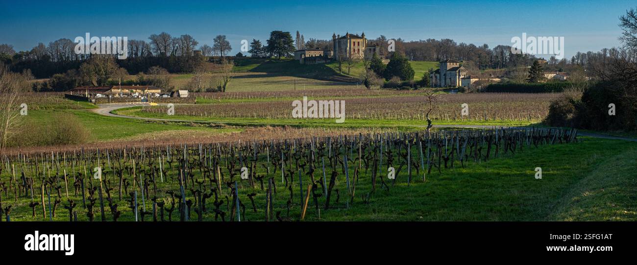 Horizontale Landschaft Panoramablick auf das Dorf Monbadon, mit mittelalterlicher Kirche, Burg und Friedhof, Weinberge im Vordergrund Stockfoto