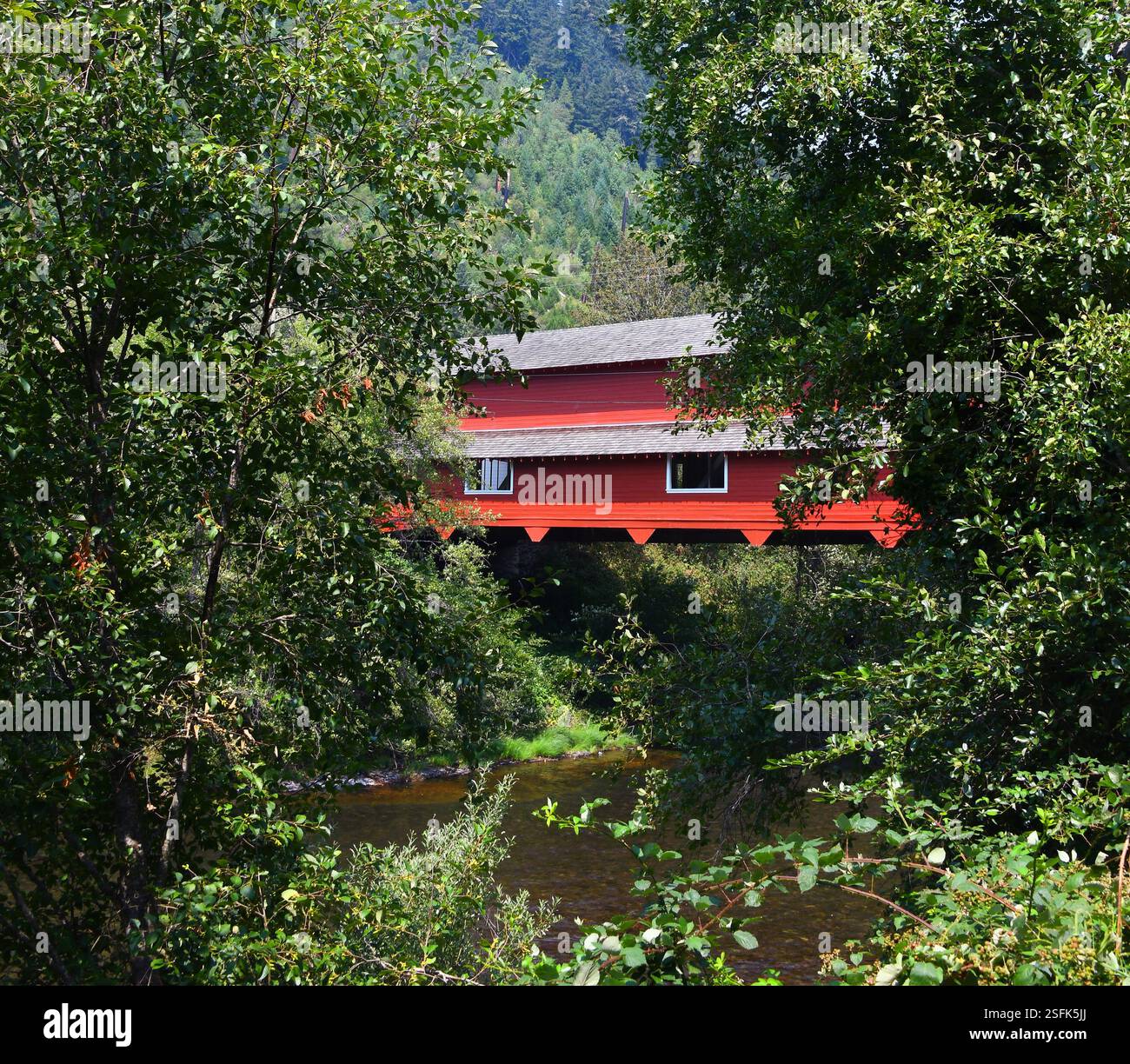 Historisches Wahrzeichen, Office Covered Bridge, ist aus Holz, rot und hat ein Kieseldach. Sie ist die längste überdachte Brücke in Oregon. Stockfoto