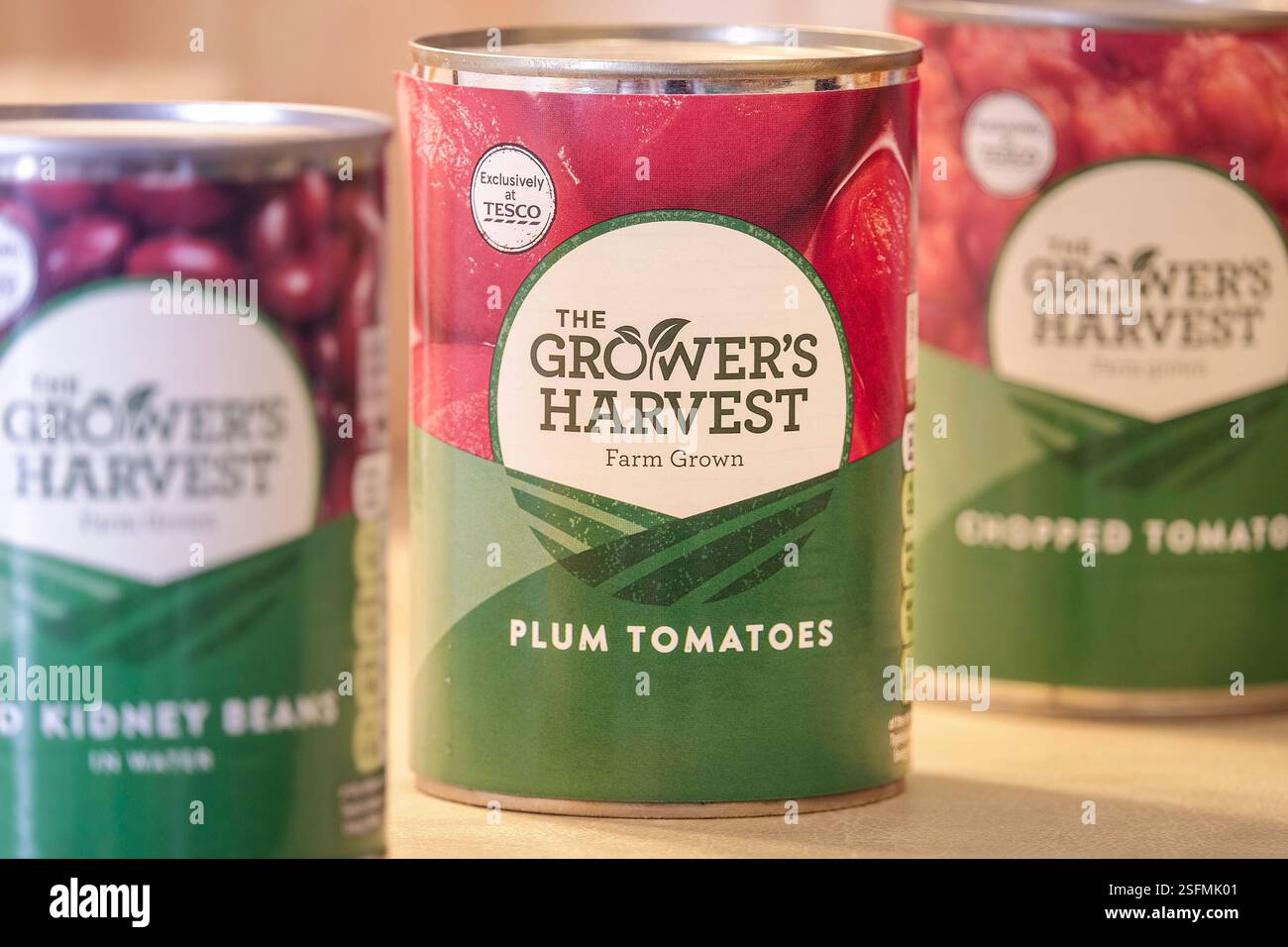 Dosen der Grower's Harvest Budget-Reihe von Lebensmitteln von Tesco. Stockfoto