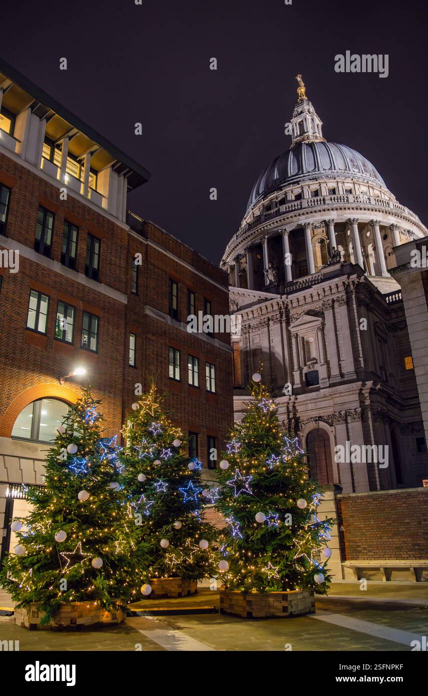 Festliche Weihnachtsbäume, die bei Nacht in der Nähe der St. Paul's Cathedral in London beleuchtet werden – atemberaubende Weihnachtsdekorationen im Herzen der berühmten britischen Hauptstadt Stockfoto