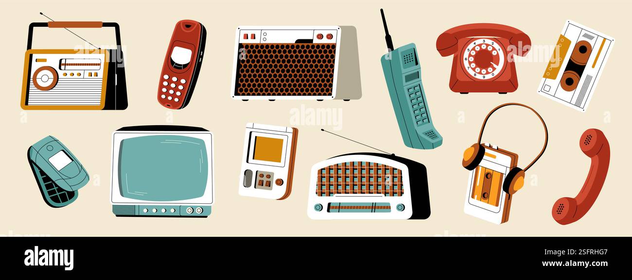 Retro-Gadgets. Vintage 90er Jahre Hipster Technologie Aufkleber, Cartoon Telefon, Kassette alte analoge Gadget Radio und tv-Gerät, elektronische Geräte, Handy und Stock Vektor