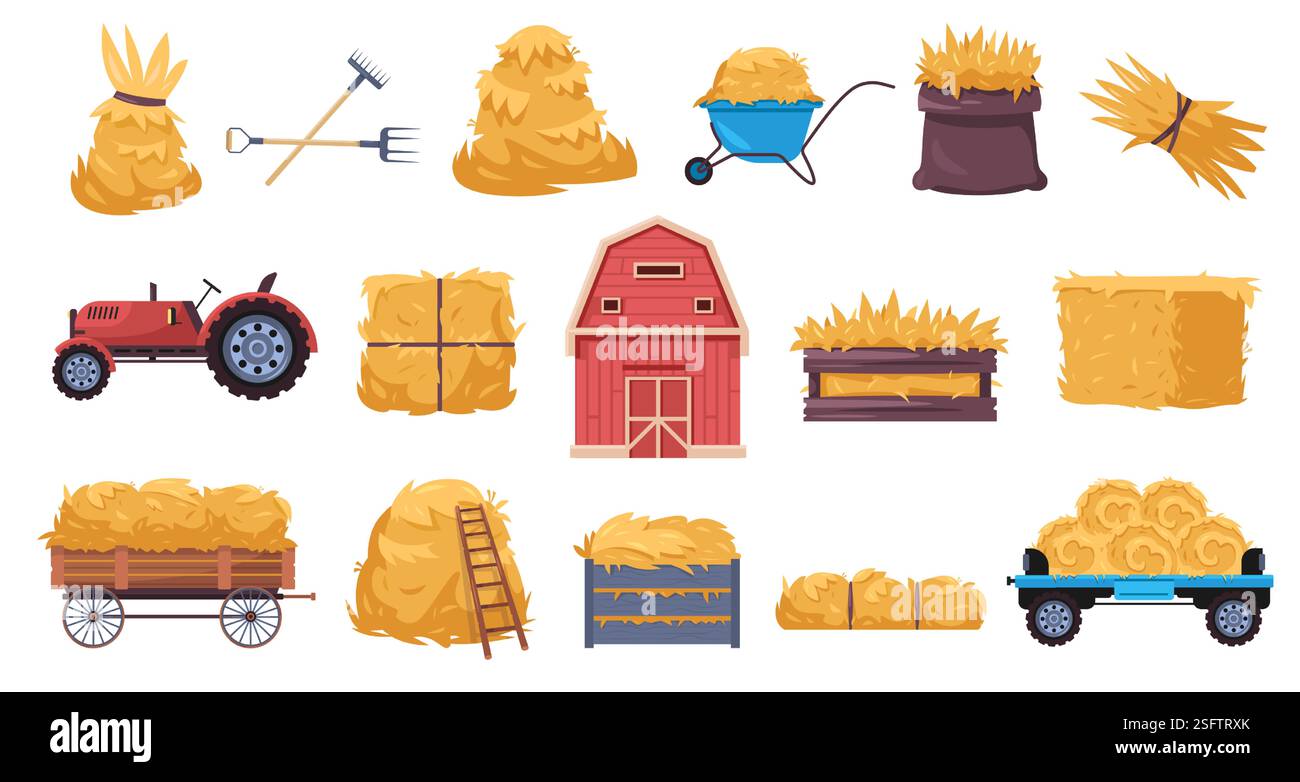 Heuernteset. Bauernhof trockenes Gras Strohhaufen, ländliche Futterballen Schubkarren Scheune, flache Landwirtschafts-Heu-Elemente. Vektor isolierter Heuhaufen Co Stock Vektor