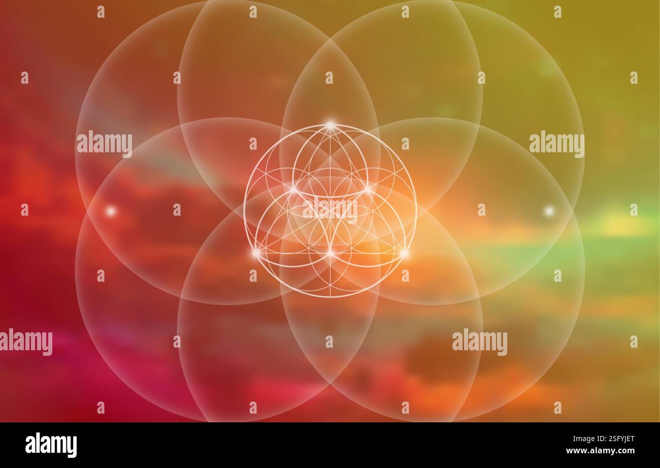 Heilige Geometrie, Blume des Lebens, Lotusblumen-Mandala. Weißes Neon Vintage-Logo Symbol für Harmonie und Balance, leuchtender geometrischer Ornament, Yoga Relax Stock Vektor