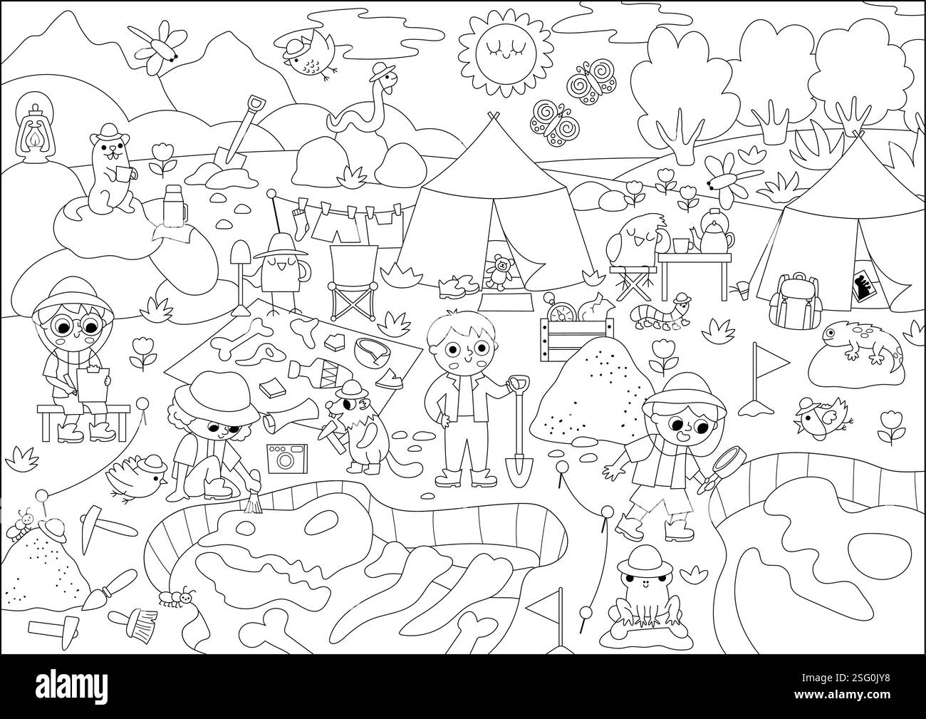 Vektor-Schwarz-weiß-Landschaftsillustration mit Paläontologen, die Dinosaurierfossilien und Knochen graben. Niedliche Linienszene mit prähistorischen Tierscienti Stock Vektor