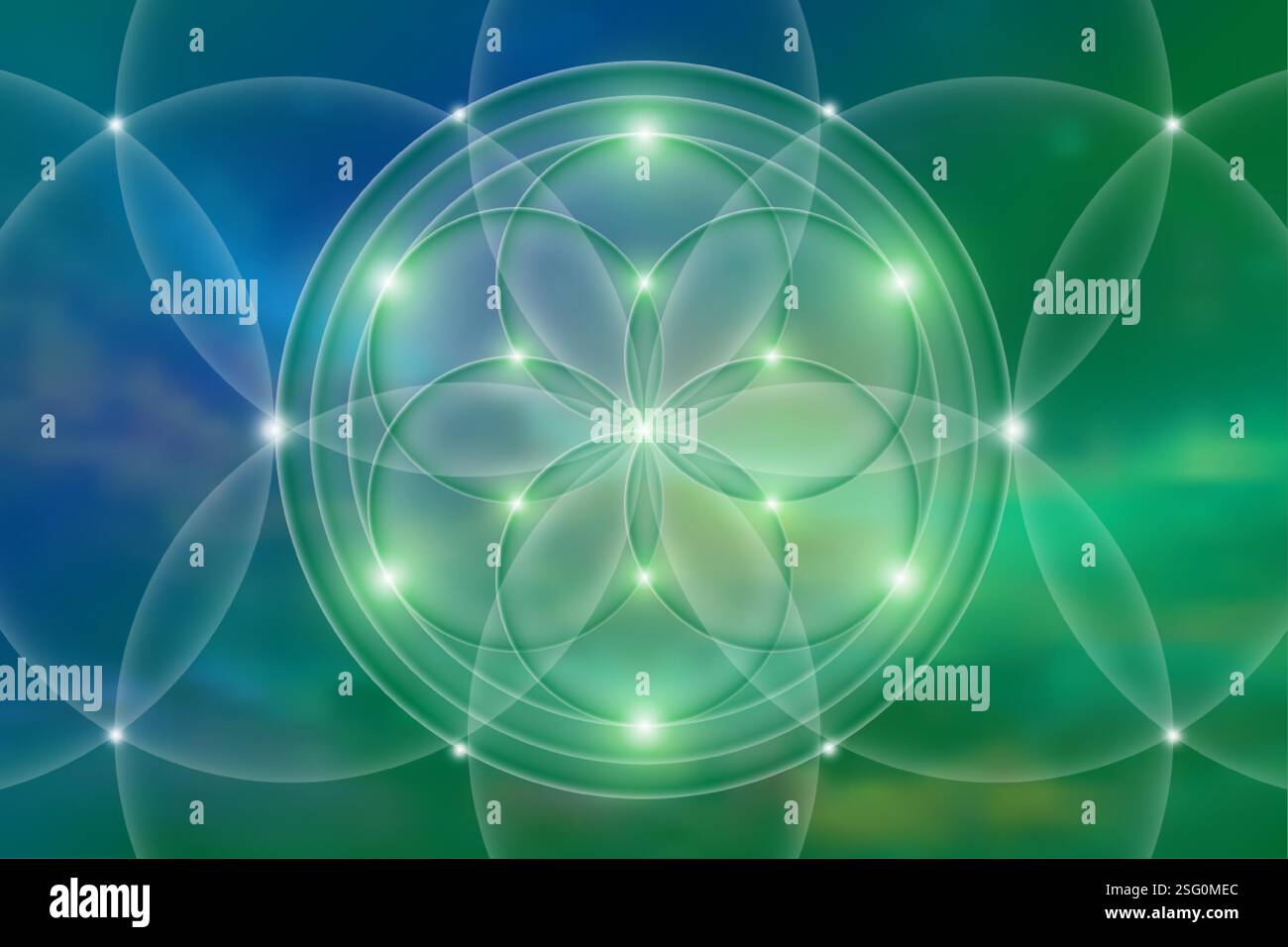 Heilige Geometrie, Blume des Lebens. Mystische Lotusspirituelle New Age futuristische Illustration mit Transmutationen ineinander greifenden Kreisen, helles Neonzeichen Stock Vektor