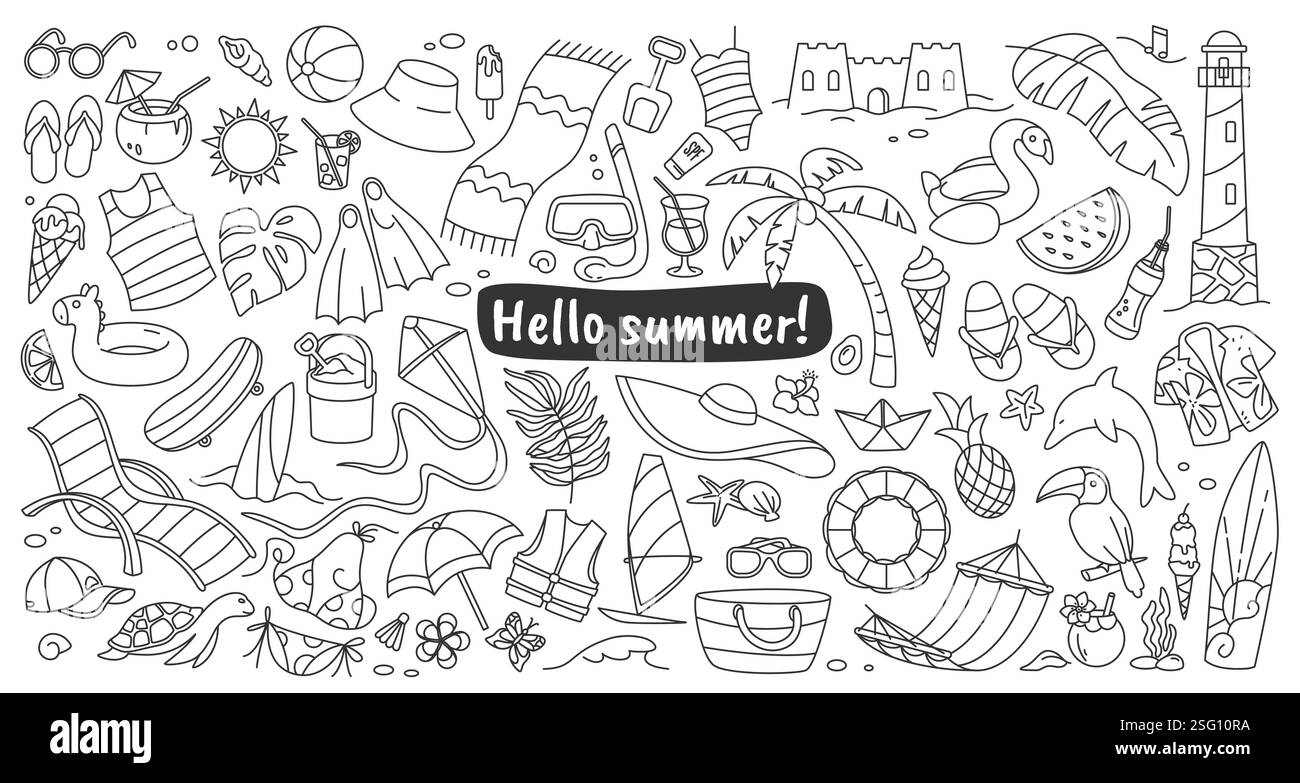 Sommerelemente. Strandsymbole. Linienzeichnungen für Urlaub im Meer. Sonniger Urlaub. Skizze mit saftigen Früchten. Niedliche, lustige Reise. Tropische Palmblätter. Sommerreise. Bikini und Sonnenbrille. Hintergrund der Vektorkontur Stock Vektor