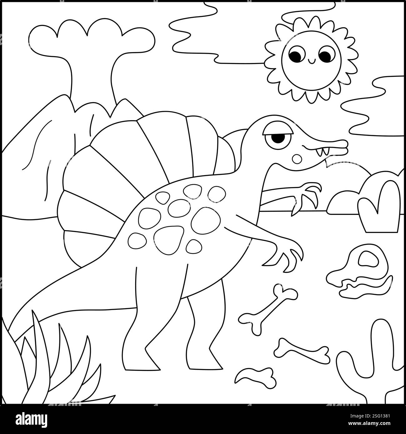 Vektorquadrat schwarz-weiß Szene mit Spinosaurus. Illustration der Dinosaurier-Landschaft. Niedliche Linie prähistorische Ausmalseite mit Wüste, Knochen, Vulkan Stock Vektor