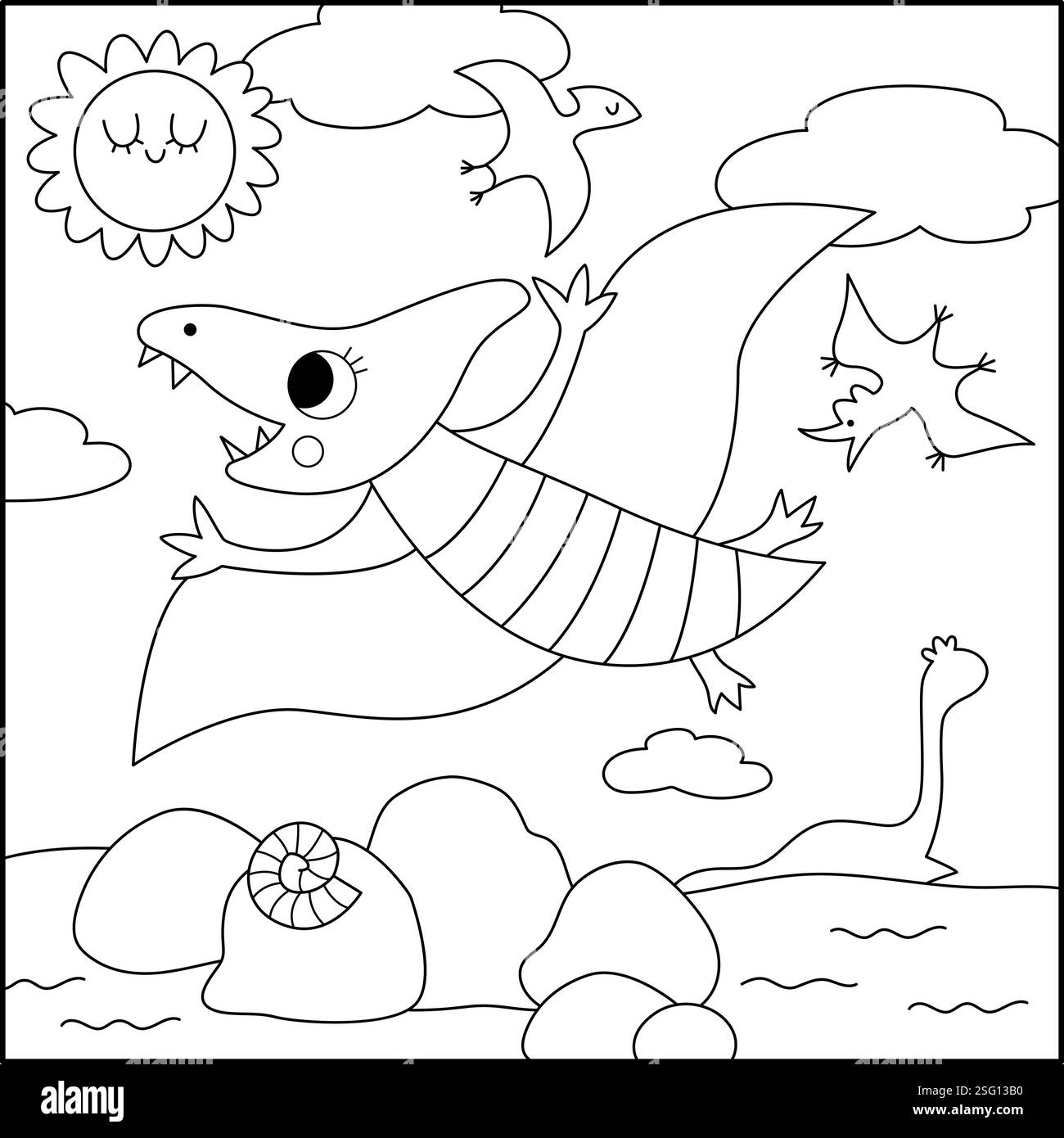 Vektorquadratische Schwarzweißszene mit Pterodactyl. Landschaftsdarstellung der Dinosaurierlinie. Niedliche prähistorische Malseite mit fliegenden Pterosaurier, Himmel, Stock Vektor