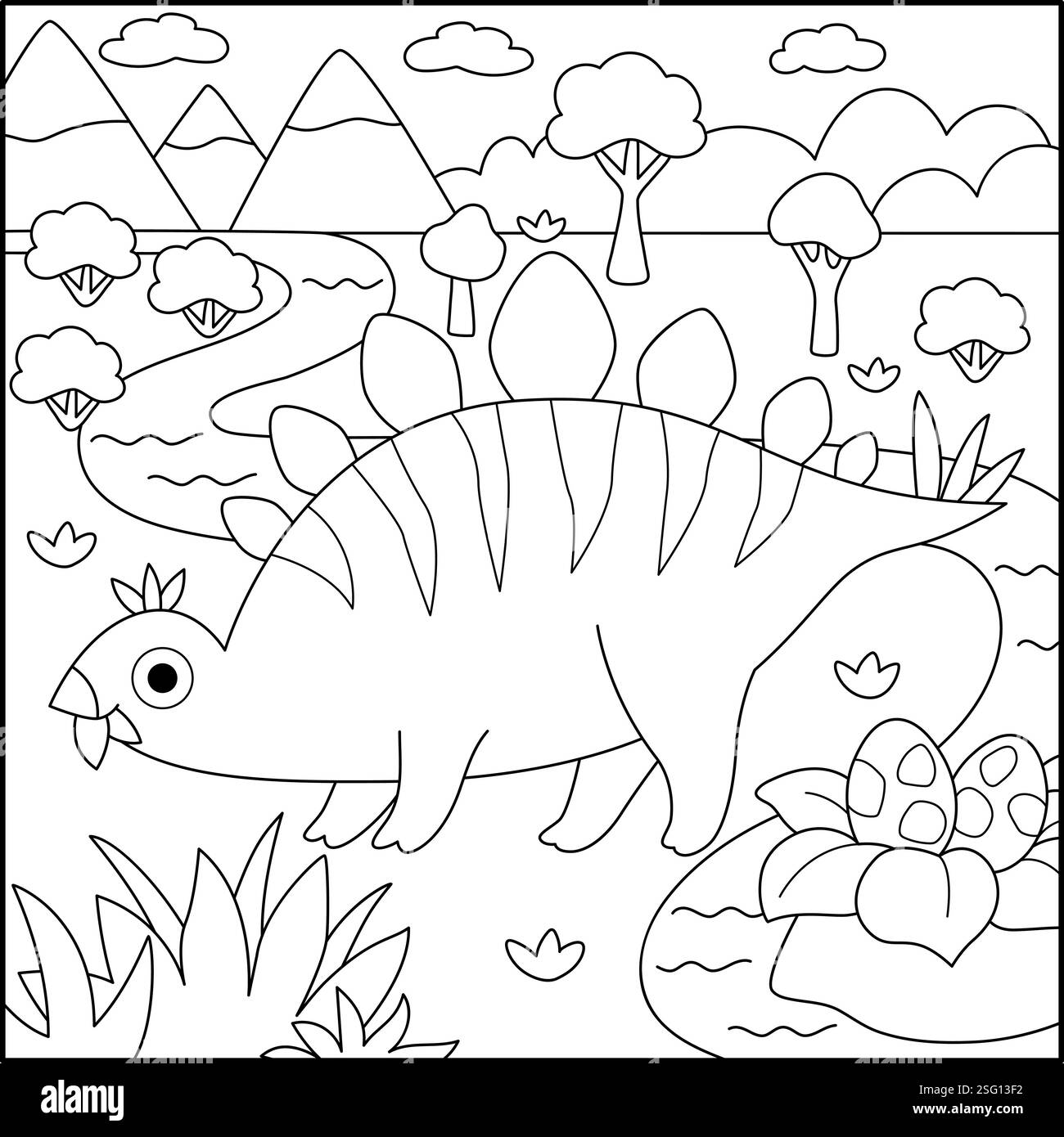 Vektorquadratische Schwarz-weiß-Szene mit Stegosaurier fressenden Blättern. Landschaftsdarstellung der Dinosaurierlinie. Niedliche prähistorische Ausmalseite mit Bergen, Stock Vektor