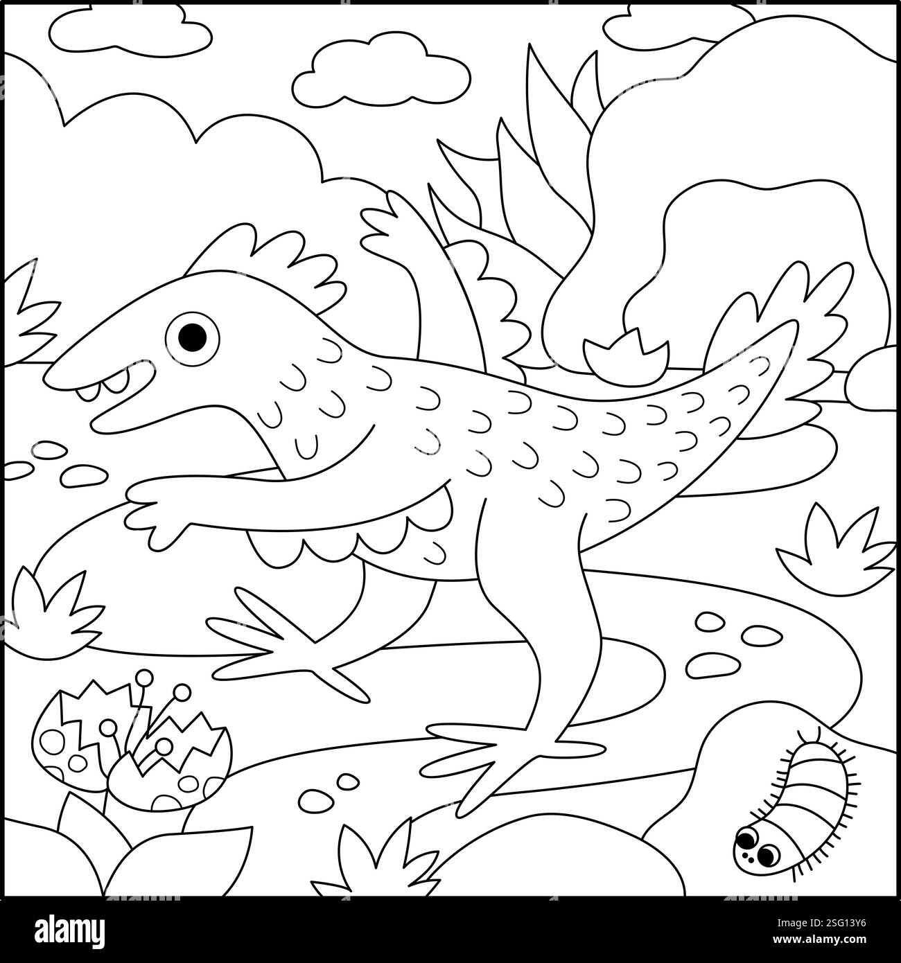 Vektorquadratische Schwarzweißszene mit Velociraptor. Landschaftsdarstellung der Dinosaurierlinie. Niedliche prähistorische Ausmalseite mit Höhle, Tausendfüßler, Fluss Stock Vektor