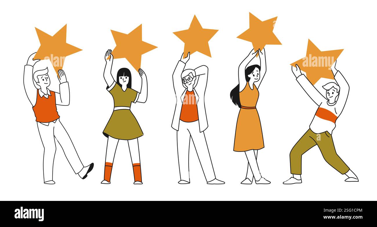 Menschen mit Sternen. Positiver Happy Community Award, Kundenservicebewertung. Mannschaftcharaktere, Siegerbelohnung. Bewertung auf der Website und in sozialen Medien. Vektor-Cartoon flache Art isolierte Illustration Stock Vektor
