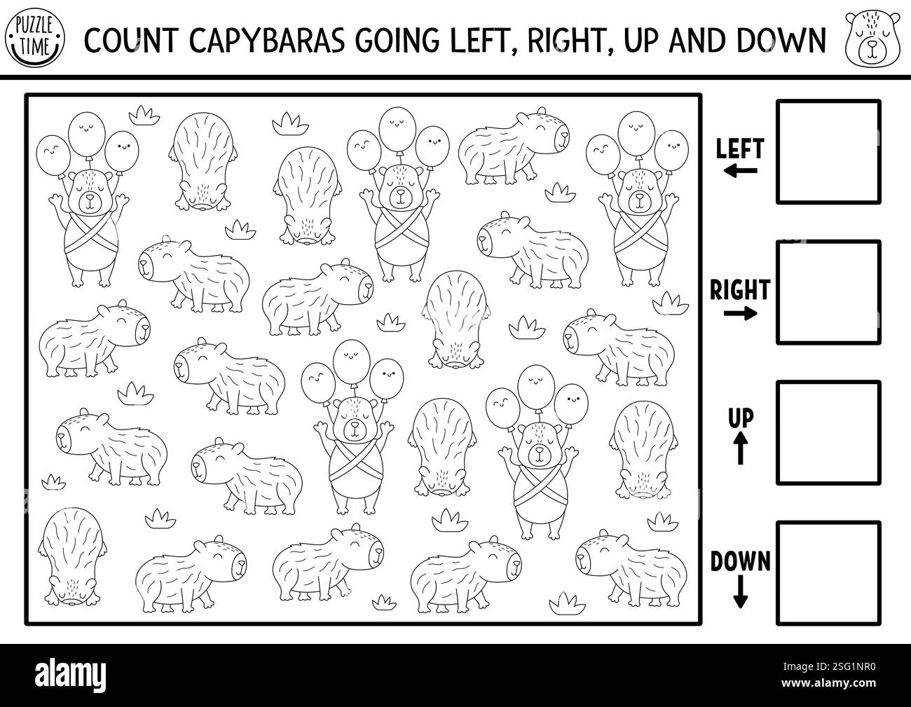 Capybara Logik Schwarz-weiß-Spiel mit rechts, links, oben, unten Konzept für Kinder. Ich spioniere auf der Suche nach, zähle Linienaktivität mit Capibara. Druckbarer Spac Stock Vektor